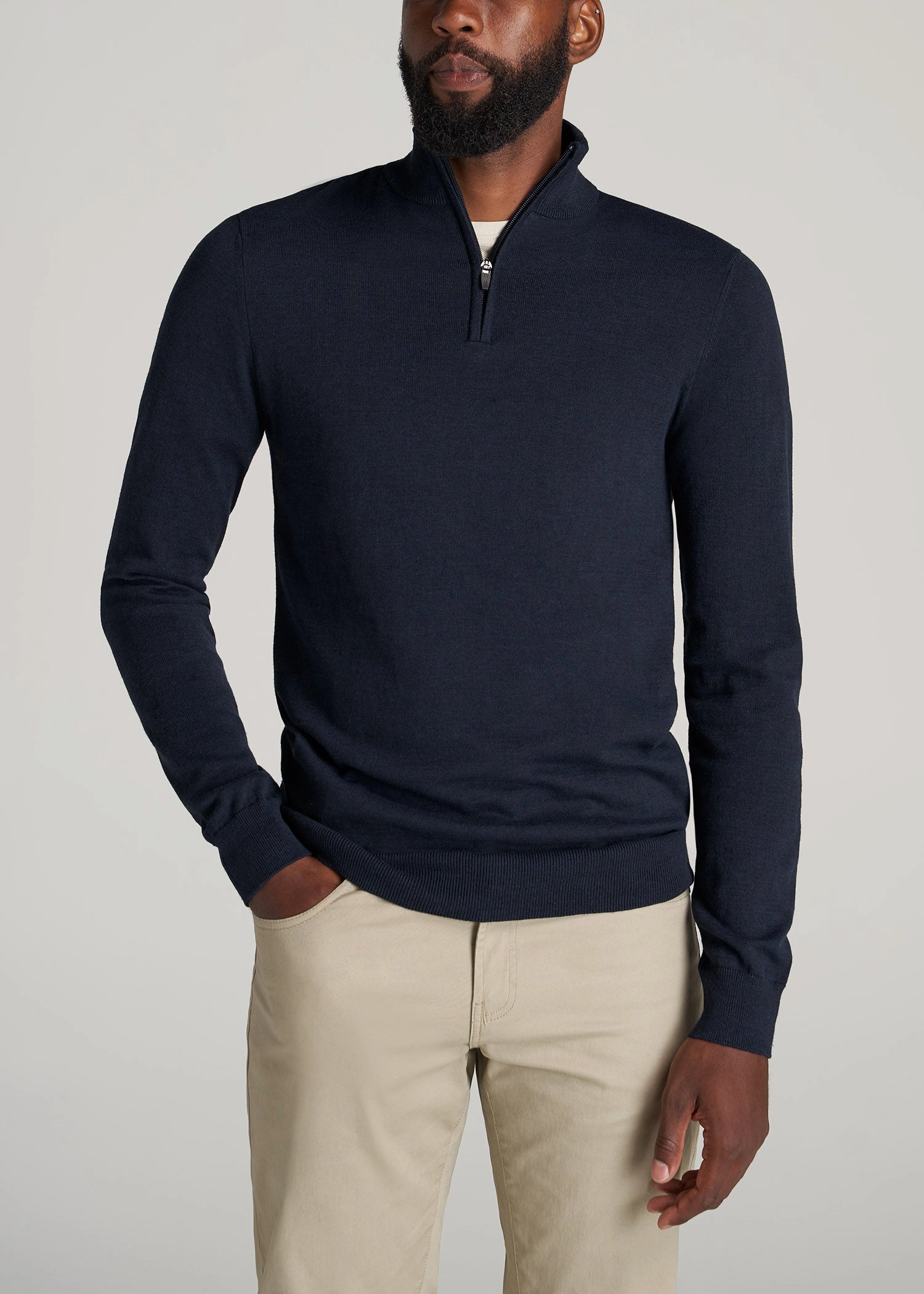 Everyday Quarter-Zip Tall Men's Sweater in Patriot Blue Hooded product tag identification