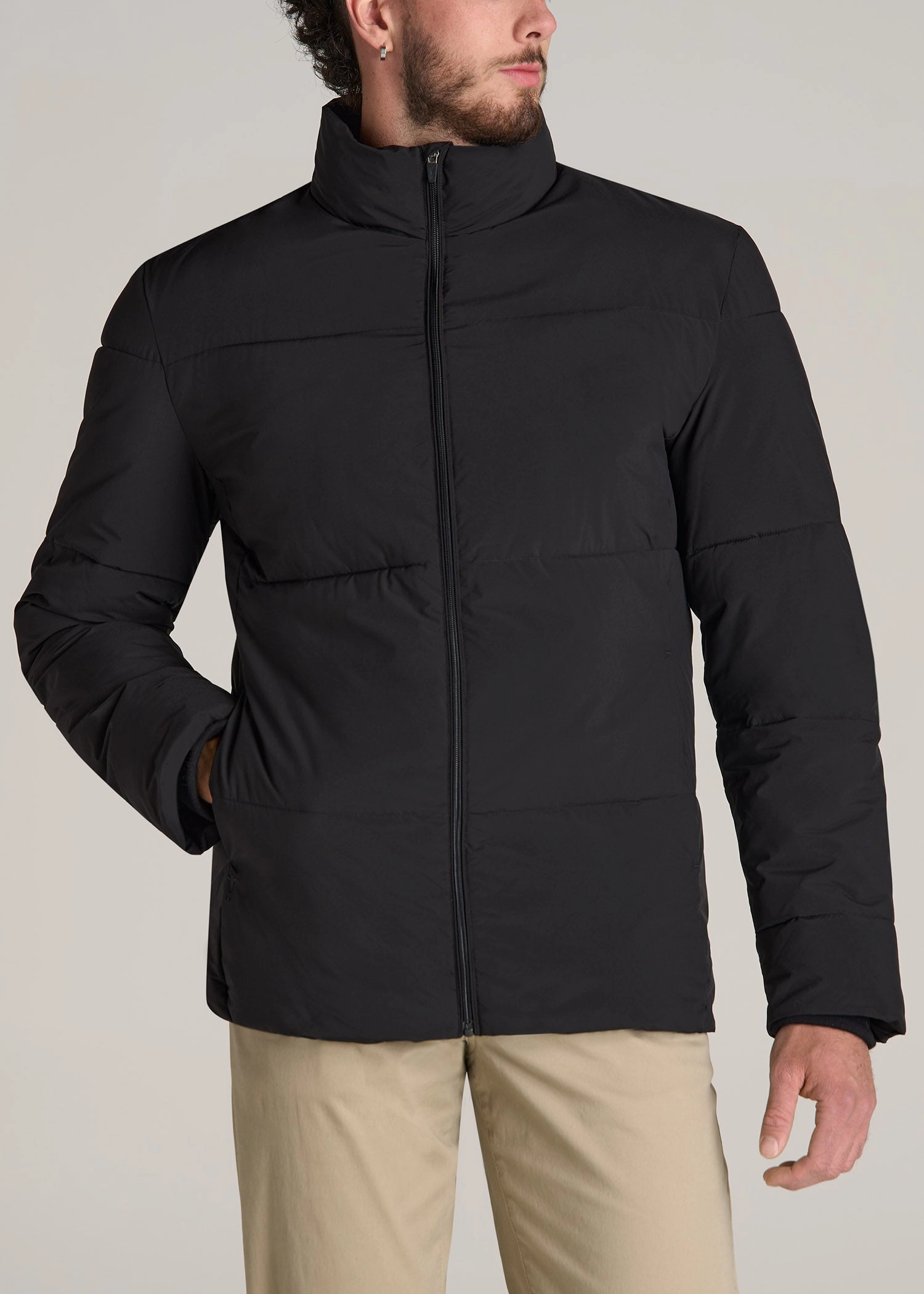 Softshell Technology Stand Collar Puffer Coat Jacket for Tall Men in Black