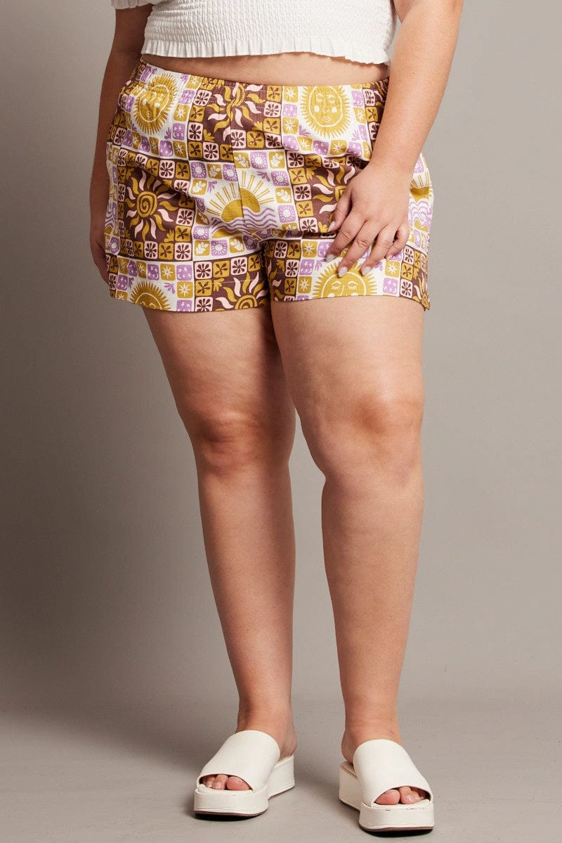 Beige Abstract Relaxed Shorts High Rise Eco Certified Dye Linen blend