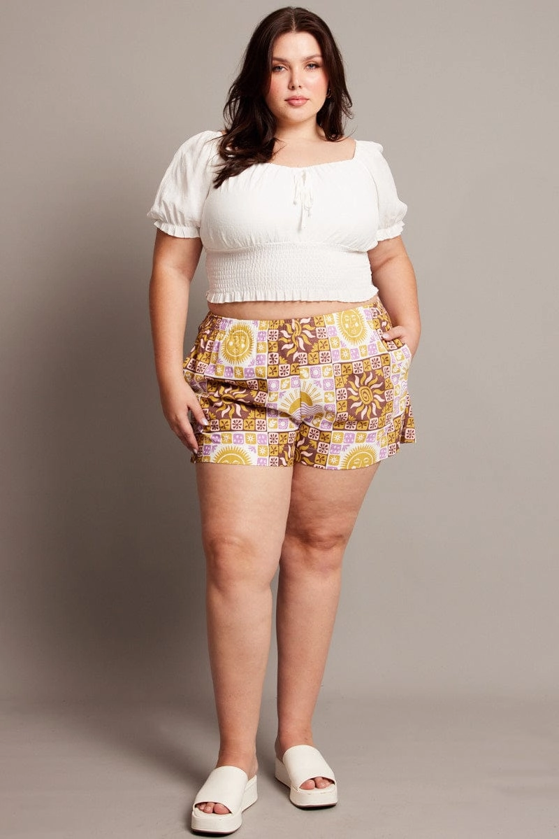 Stretchable Fit BreathableWebbing Beige Abstract Relaxed Shorts High Rise