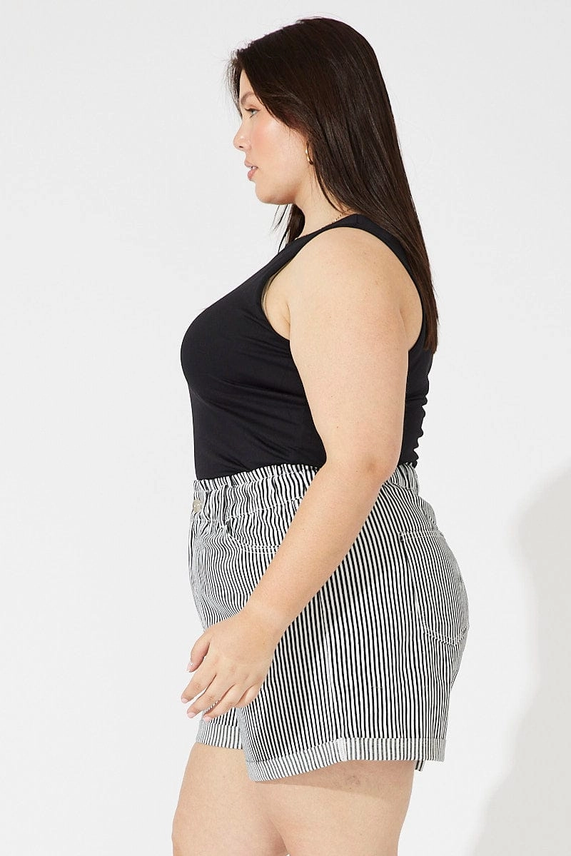Black Stripe Relaxed Shorts High Rise Breathable Side Vents