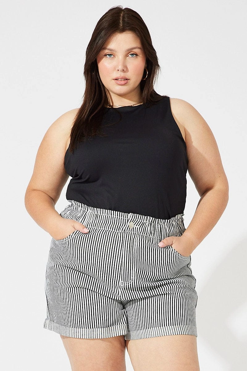 Simple Waist Black Stripe Relaxed Shorts High Rise