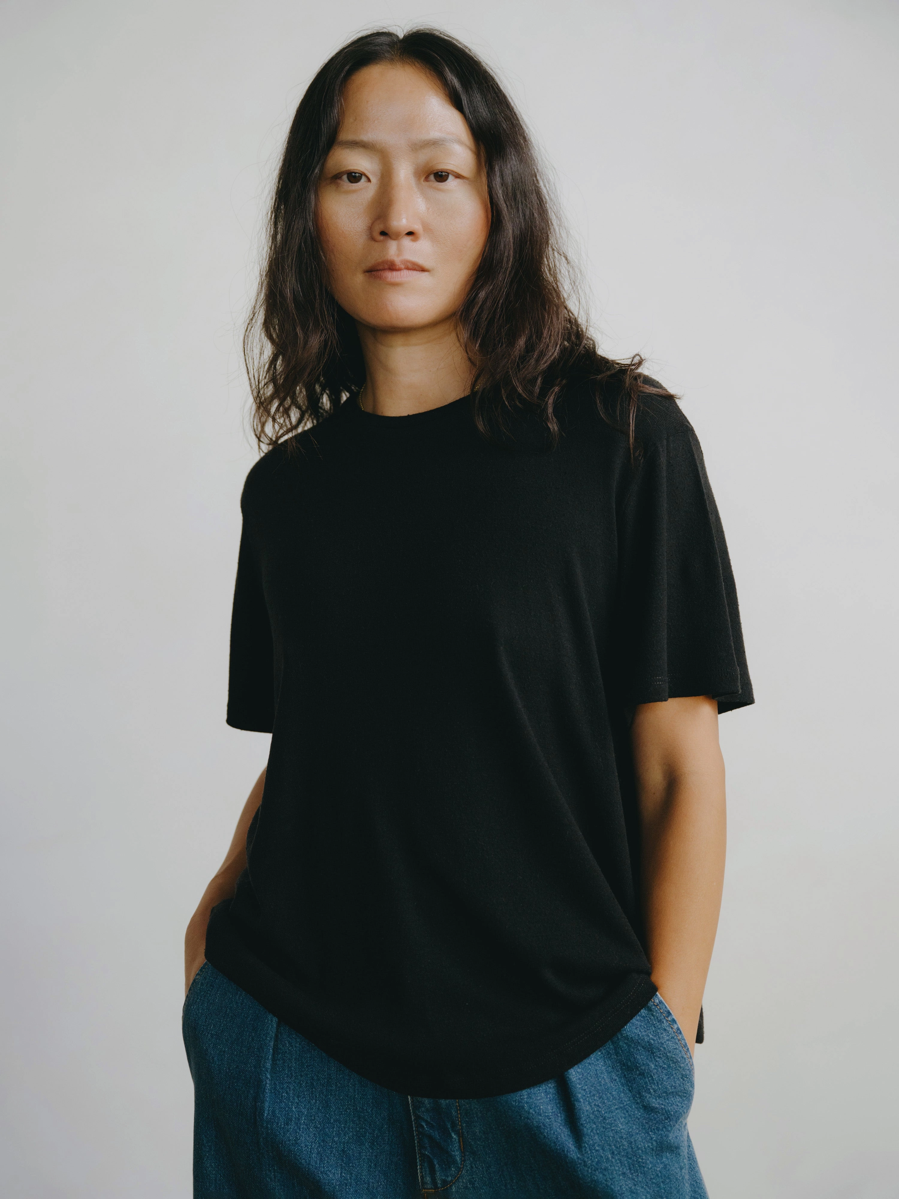 Brushed Interior Lining Big Tee, Regen Silk Noil Jersey, Black