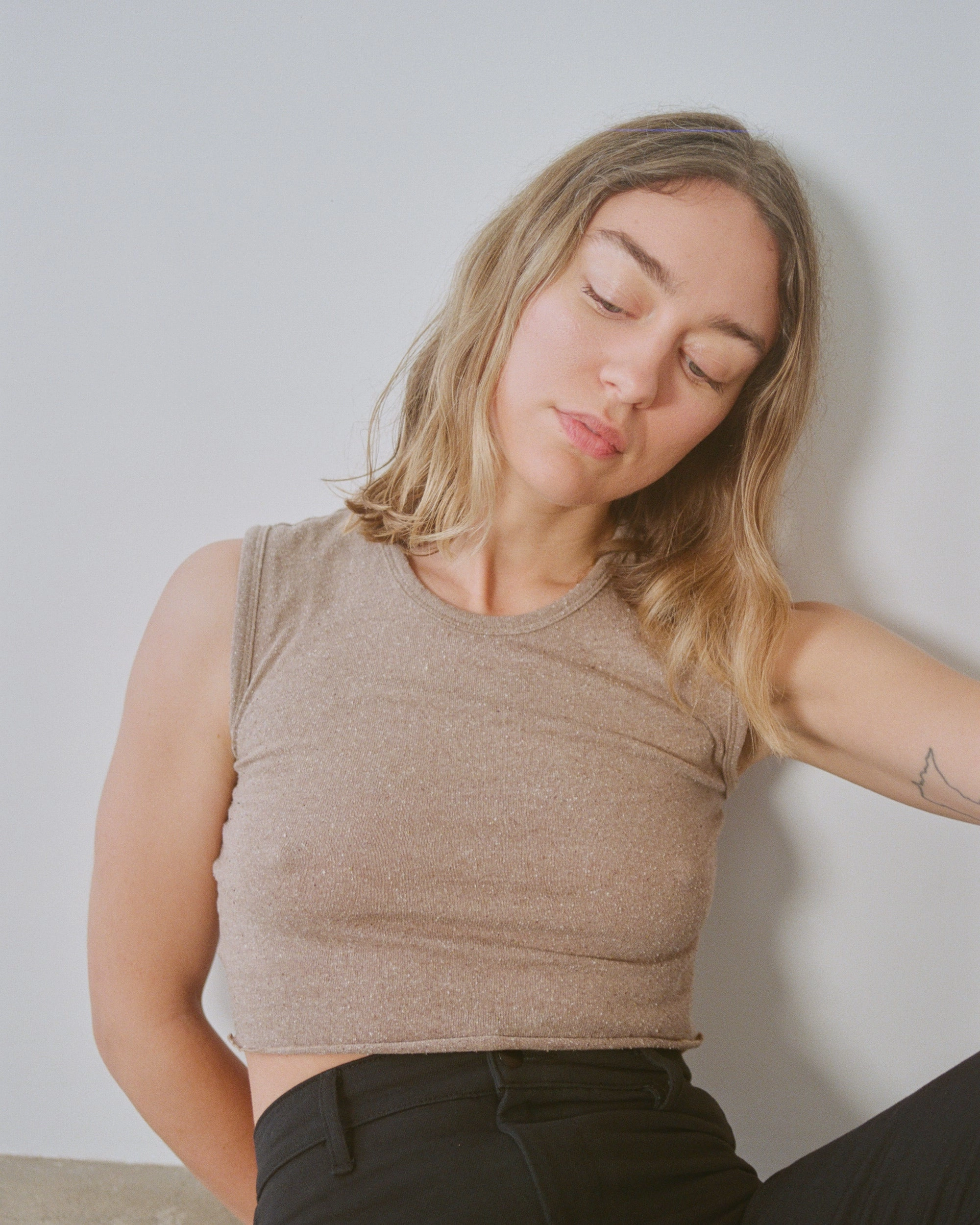 Tasi Crop, Regen Silk Noil Jersey, Twig Heather Stretchable Knit