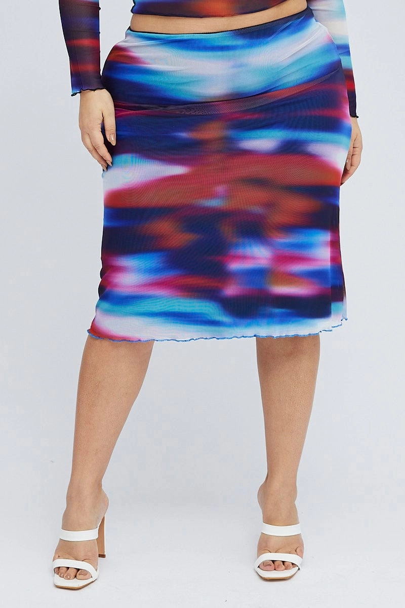 Multi Abstract Midi Skirt Mesh Lined Elastic Waist Outfit Lineup