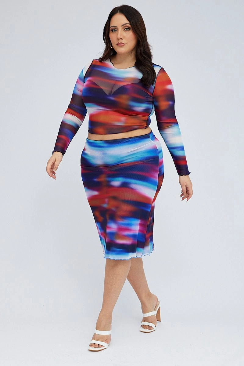 Soft Aesthetic Convertible Style Multi Abstract Midi Skirt Mesh Lined Elastic Waist