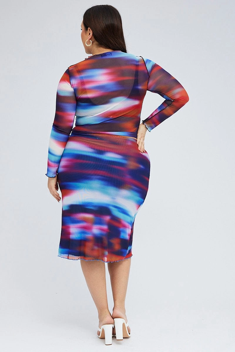 Style Layering Collaboration Piece Multi Abstract Midi Skirt Mesh Lined Elastic Waist