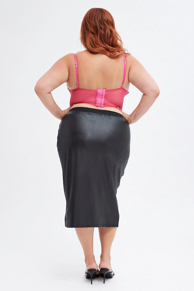 Black Pencil Skirt Knee Length Elastic Waist Wet Look Draped Silhouette Diagonal Slit