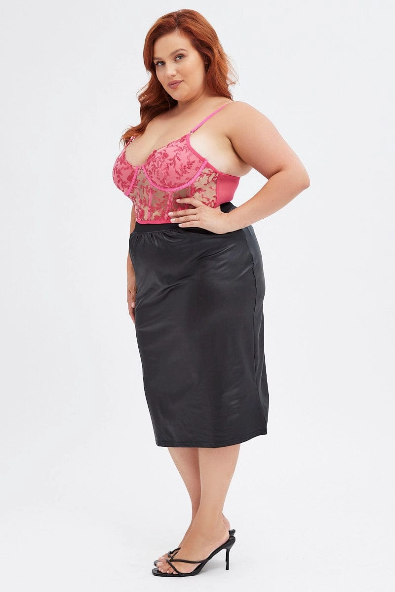 Non Irritating Texture Black Pencil Skirt Knee Length Elastic Waist Wet Look