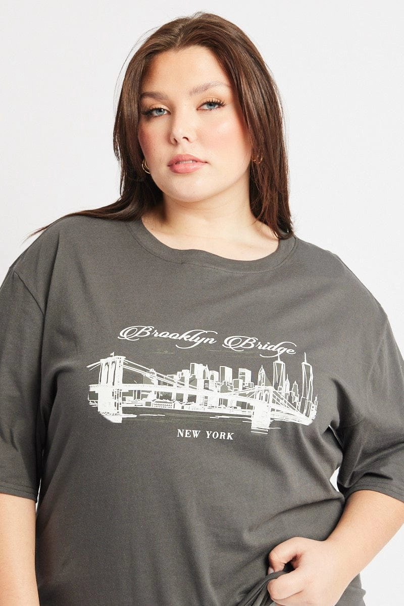 Grey Graphic T Shirt Short Sleeve Crew Neck Wrinkle-Free