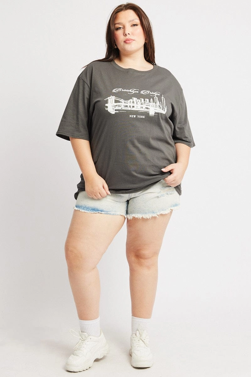 City Casual Breathable knit Grey Graphic T Shirt Short Sleeve Crew Neck