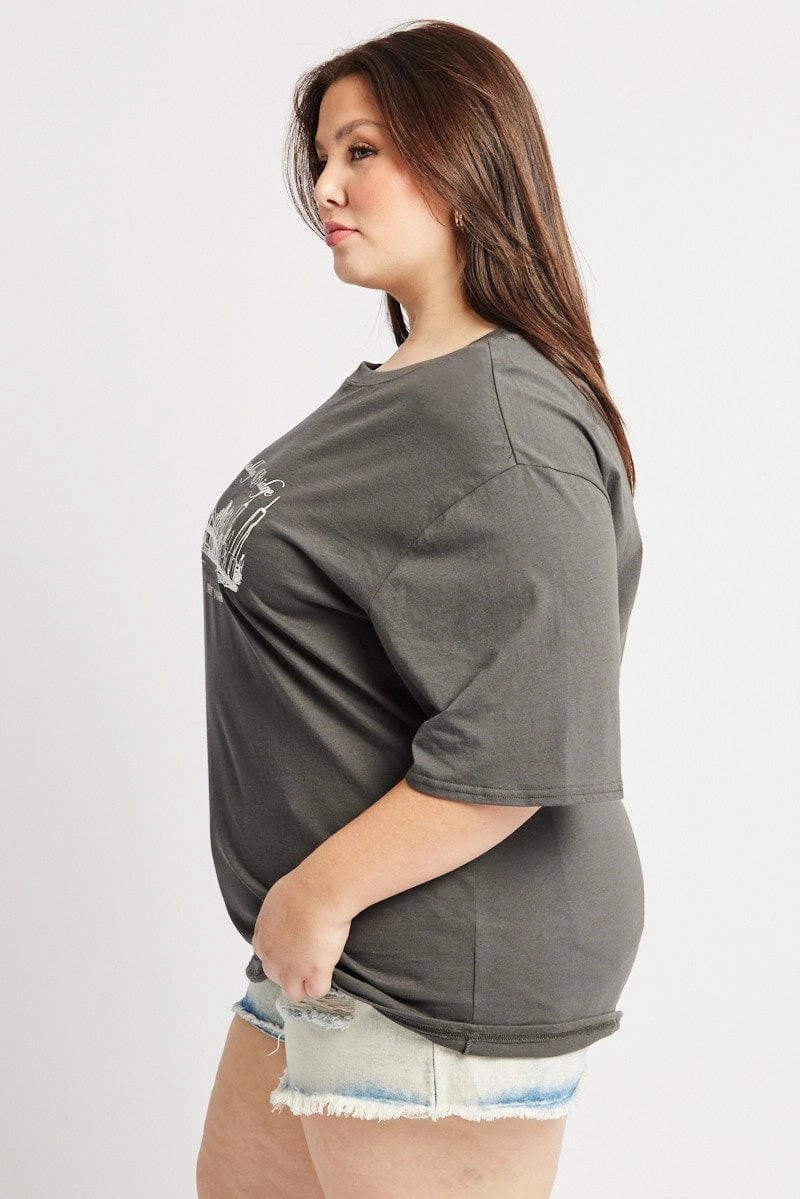 Seam Free Back Water Based Ink Print Grey Graphic T Shirt Short Sleeve Crew Neck