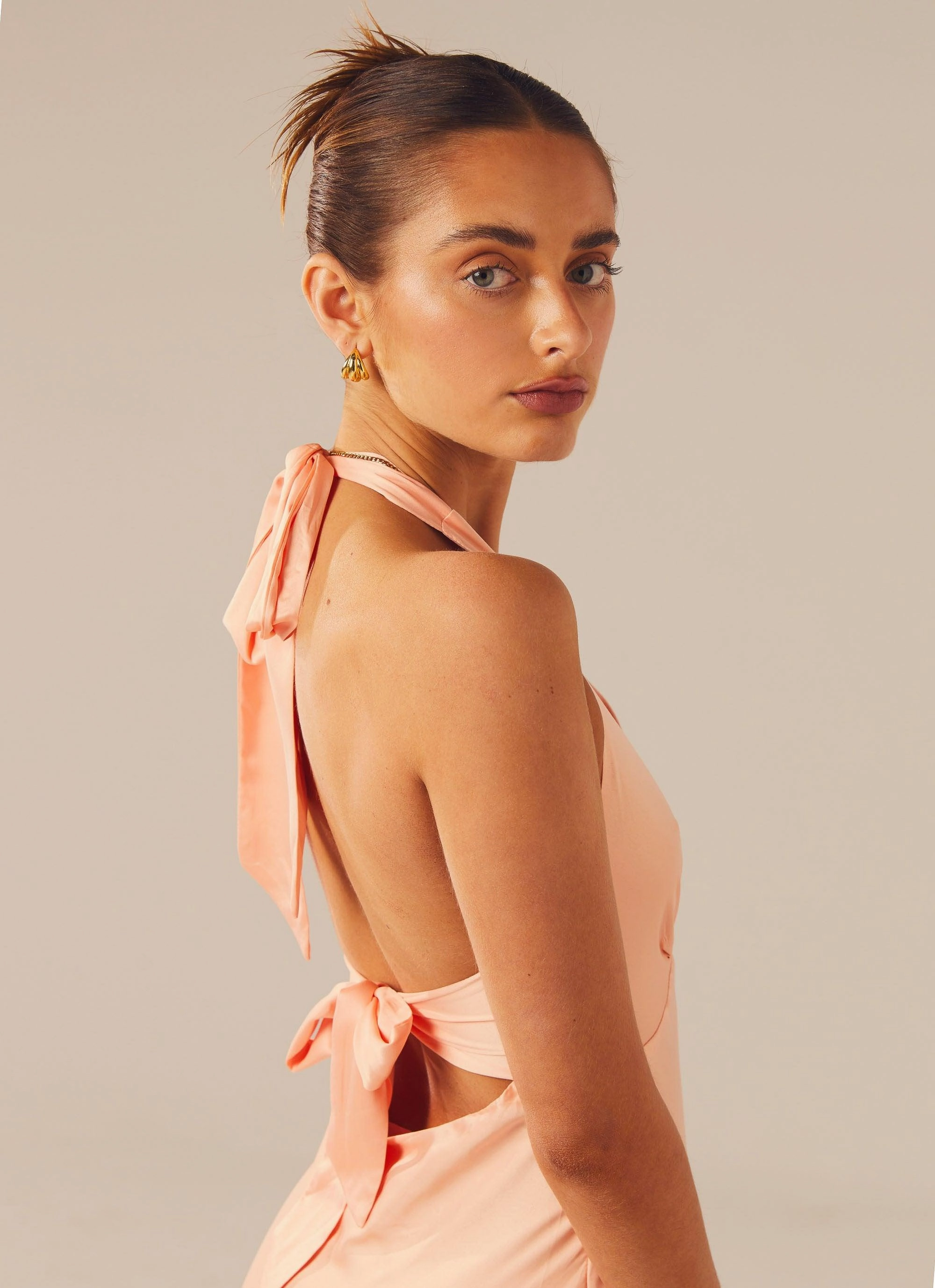 Heavy Hearted Satin Maxi Dress - Peach Brunch Glow