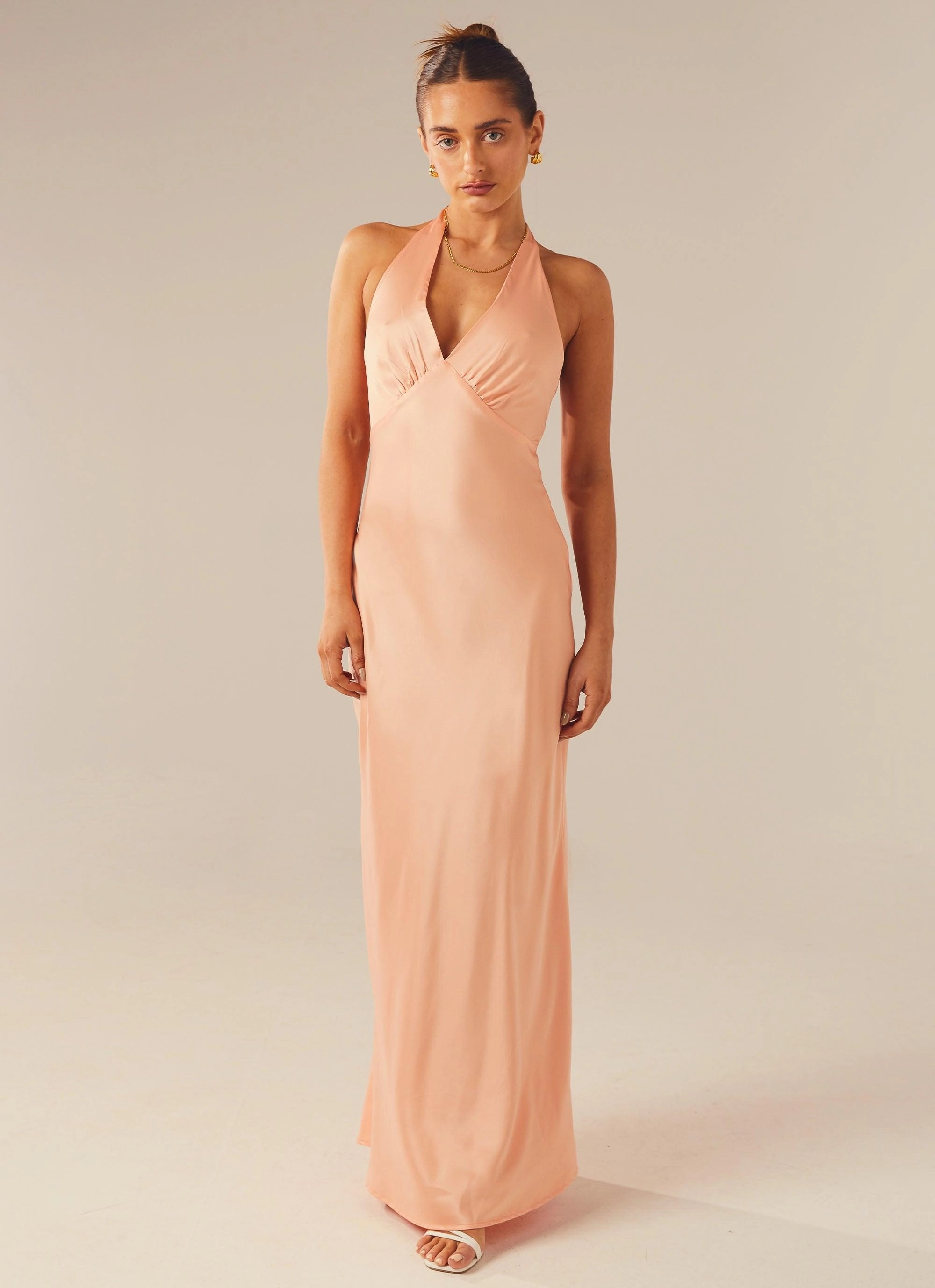 Smooth Motion Casual Look Heavy Hearted Satin Maxi Dress - Peach