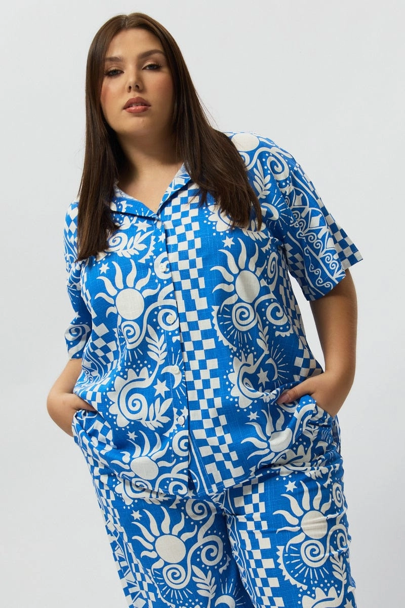 Abrasion Resistant Edging Blue Abstract Relaxed Shirt Short Sleeve Linen Blend