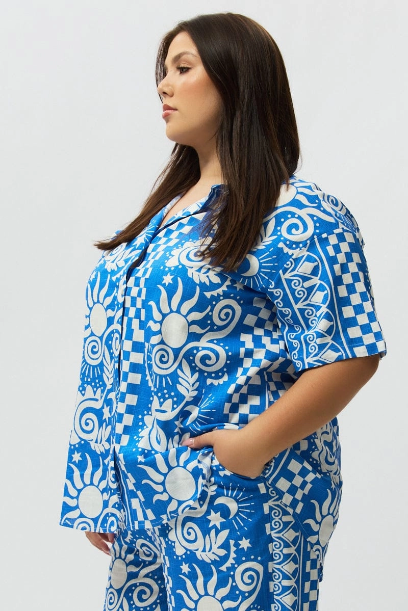 Minimalist Closure Blue Abstract Relaxed Shirt Short Sleeve Linen Blend