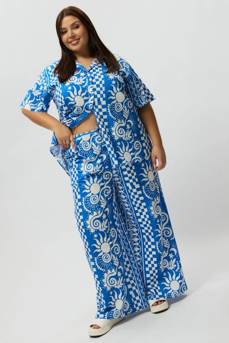 Errand Ready Athleisure Trend Blue Abstract Relaxed Shirt Short Sleeve Linen Blend