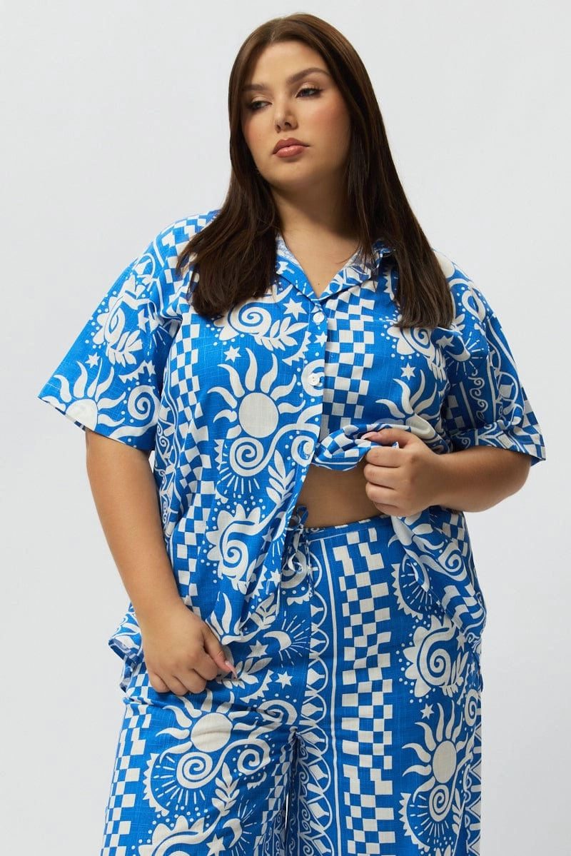 Printed Pattern Blue Abstract Relaxed Shirt Short Sleeve Linen Blend