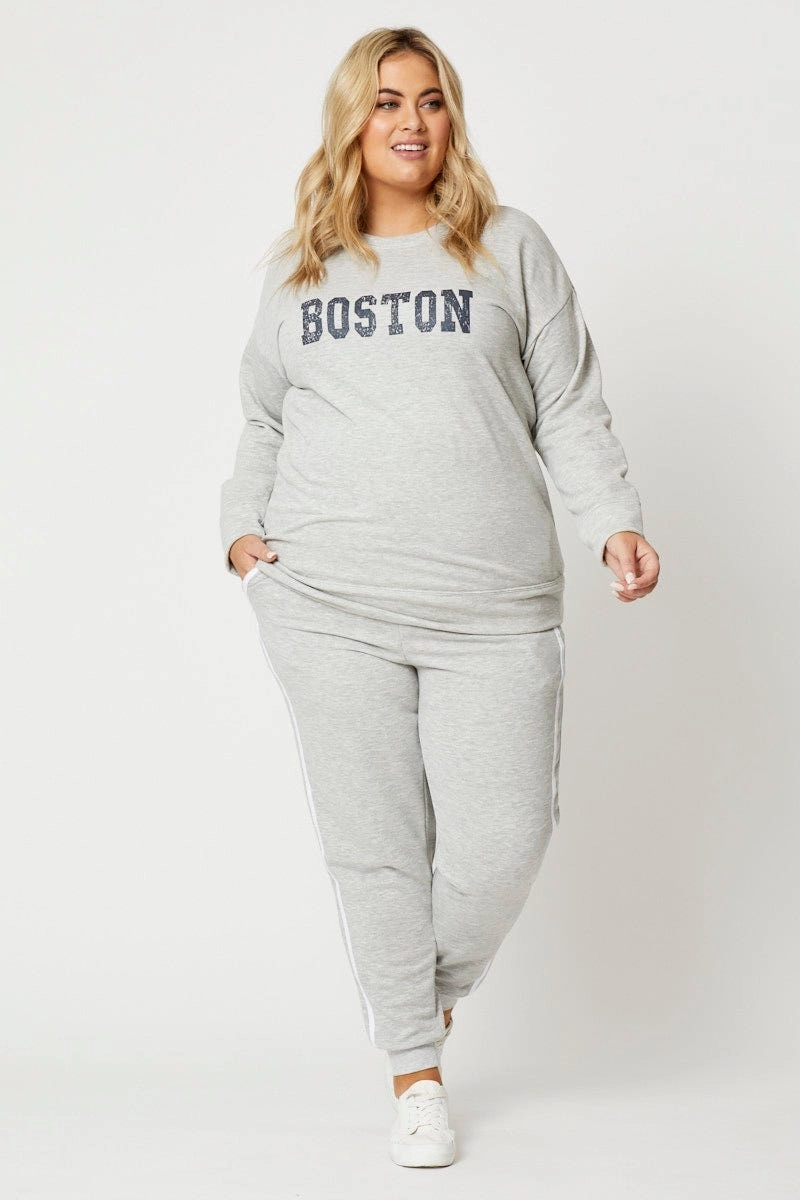 Grey Fleece Sweatshirt Boston Long Sleeve Longline Summer Relaxed Fit
