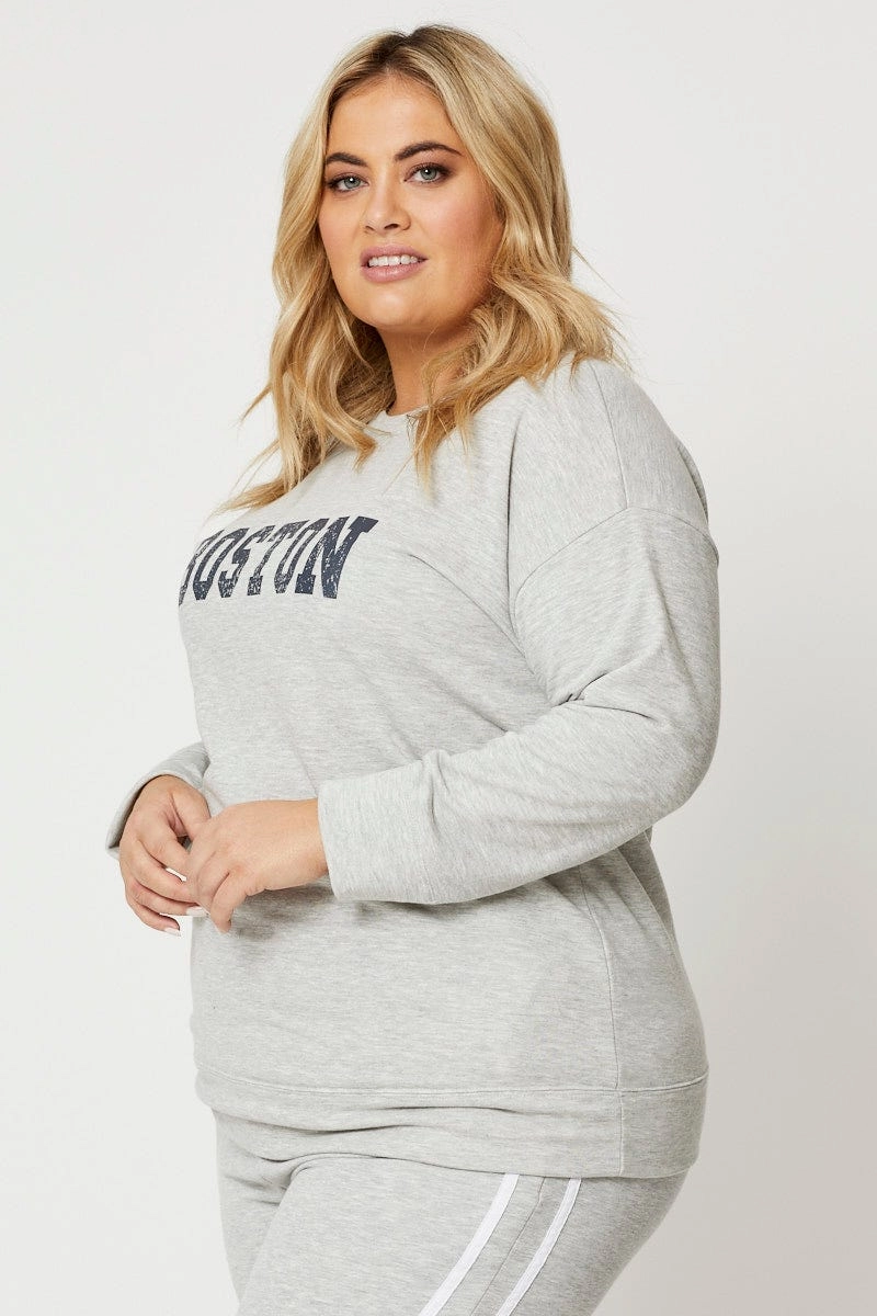 Grey Fleece Sweatshirt Boston Long Sleeve Longline Coffee Run