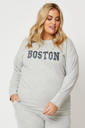 Grey Fleece Sweatshirt Boston Long Sleeve Longline All Season Relaxed Vibes