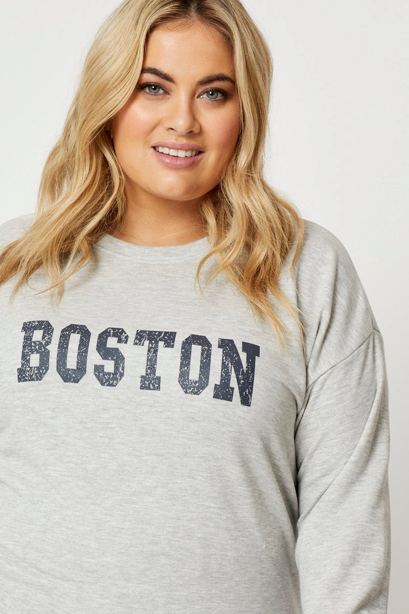 Comfy Apparel Grey Fleece Sweatshirt Boston Long Sleeve Longline