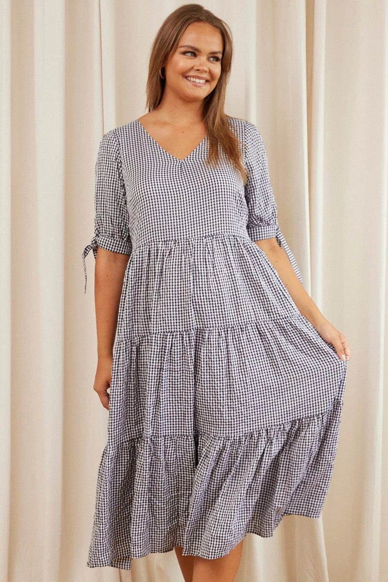 Check Midi Dress V-neck Short Sleeve Stylish Feel