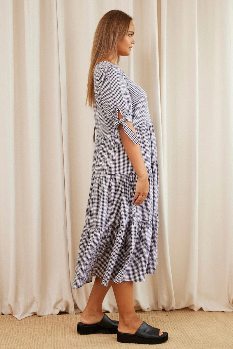 Check Midi Dress V-neck Short Sleeve Vibrant fit
