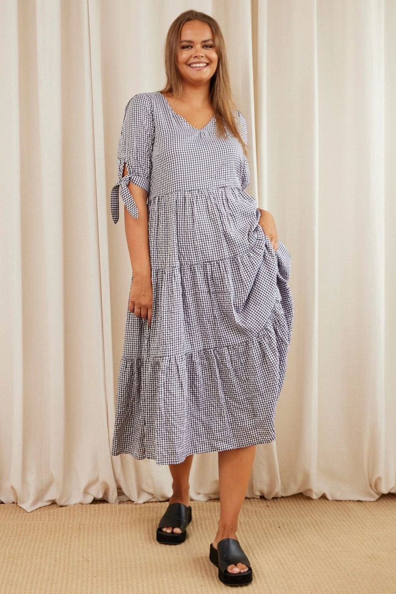 All Day Check Midi Dress V-neck Short Sleeve