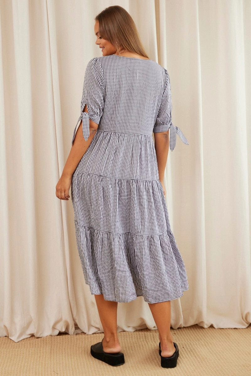 Happy Glow Check Midi Dress V-neck Short Sleeve