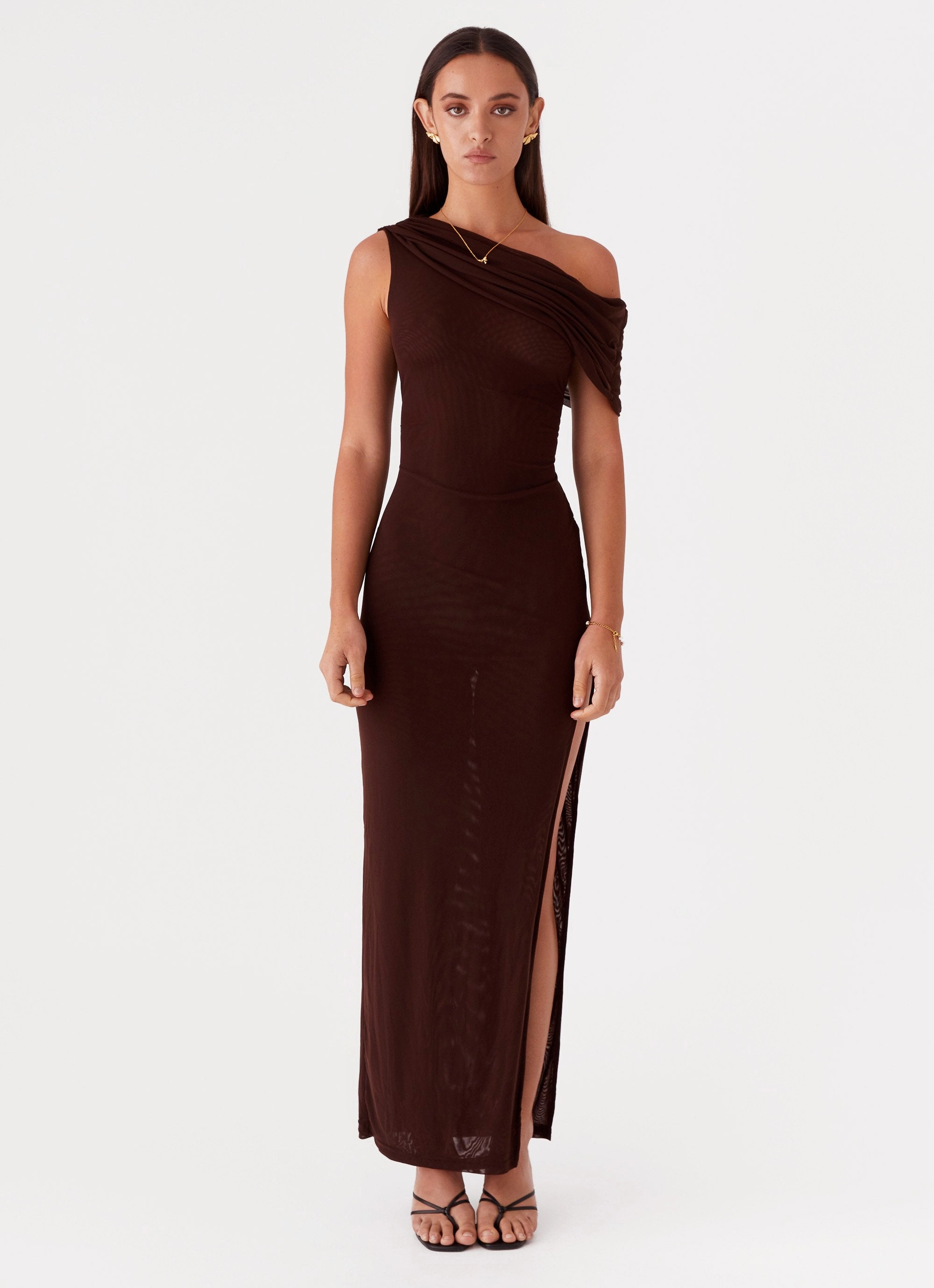 Ciara One Shoulder Draped Maxi Dress - Chocolate All Timewear Modern Form