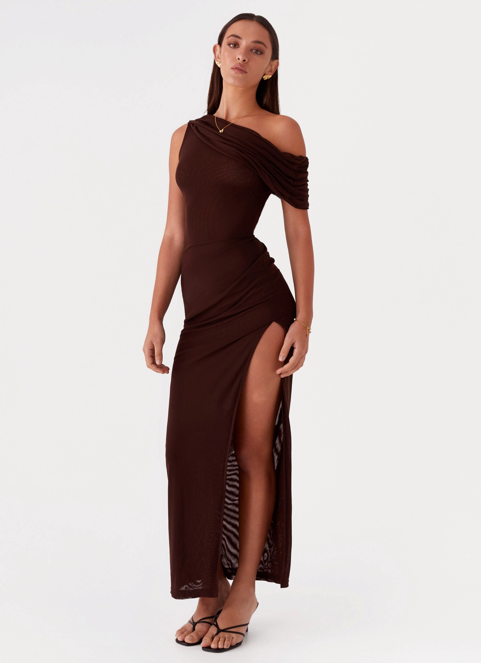 Lightweight warm-weather dress Minimalist fit-and-flare Ciara One Shoulder Draped Maxi Dress - Chocolate