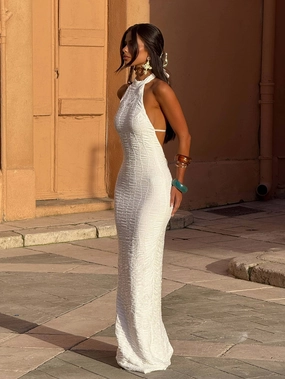 Smooth Drape Lace Accent NICOLINA MAXI DRESS WHITE