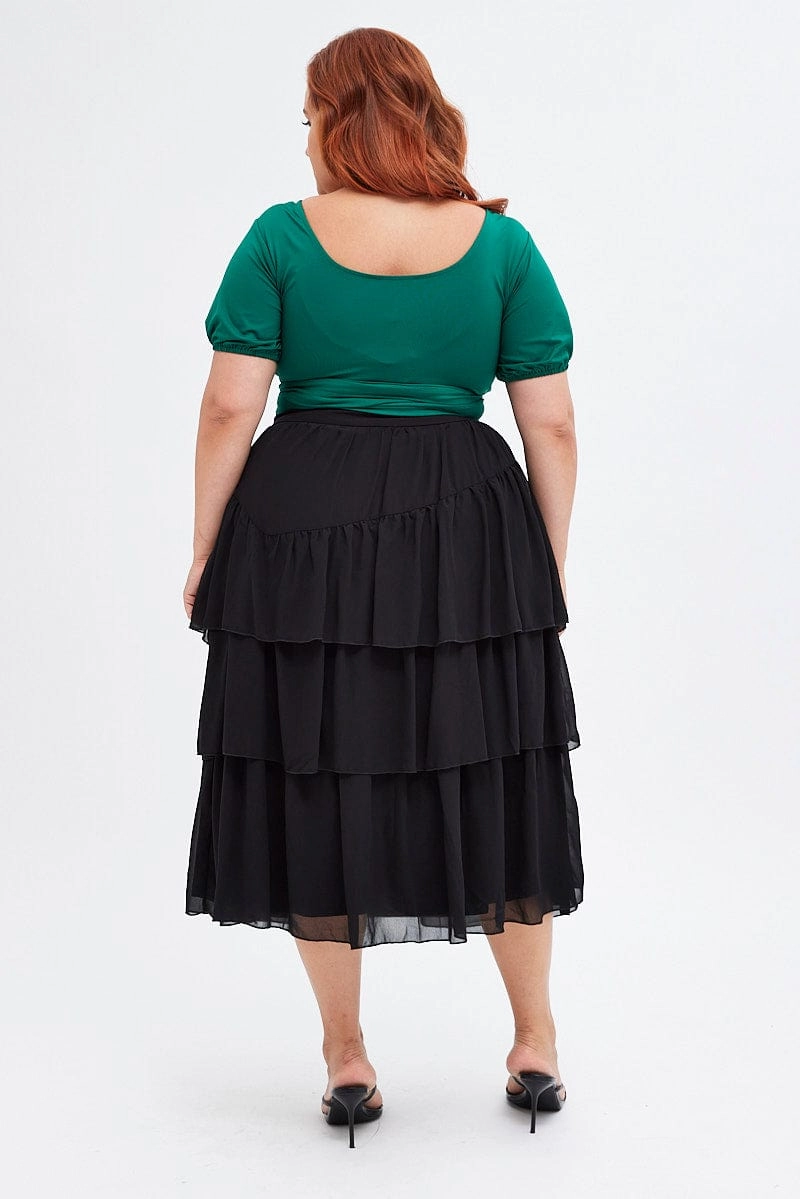 Contrast Stitching Black Midi Skirt Ruffle Hem