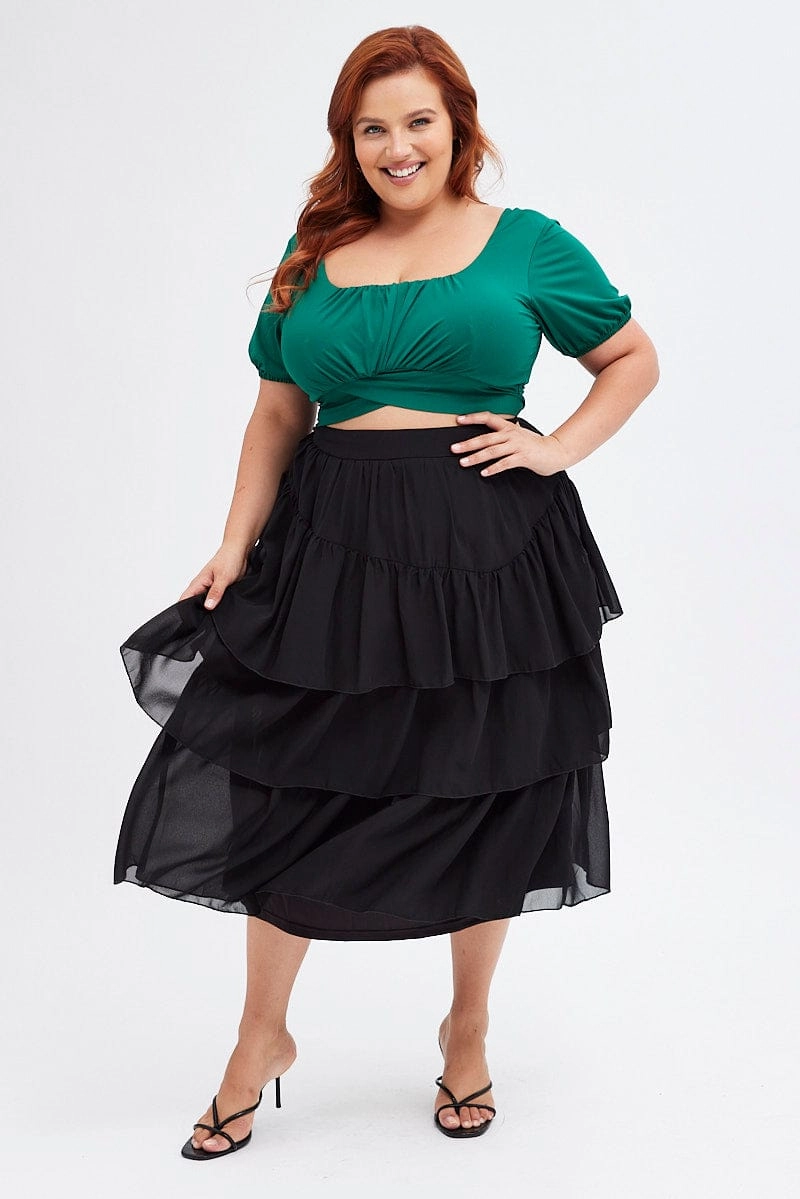 Black Midi Skirt Ruffle Hem Silk Touch
