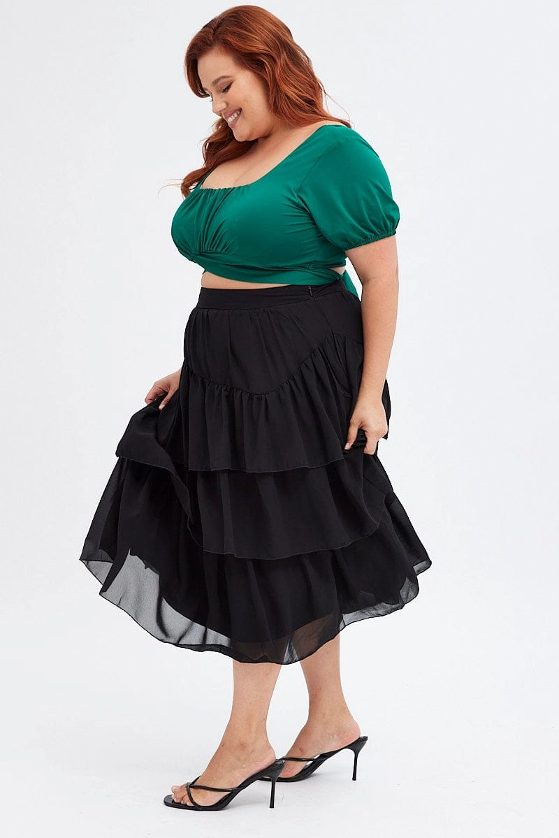 Black Midi Skirt Ruffle Hem Road Trip Light Mood