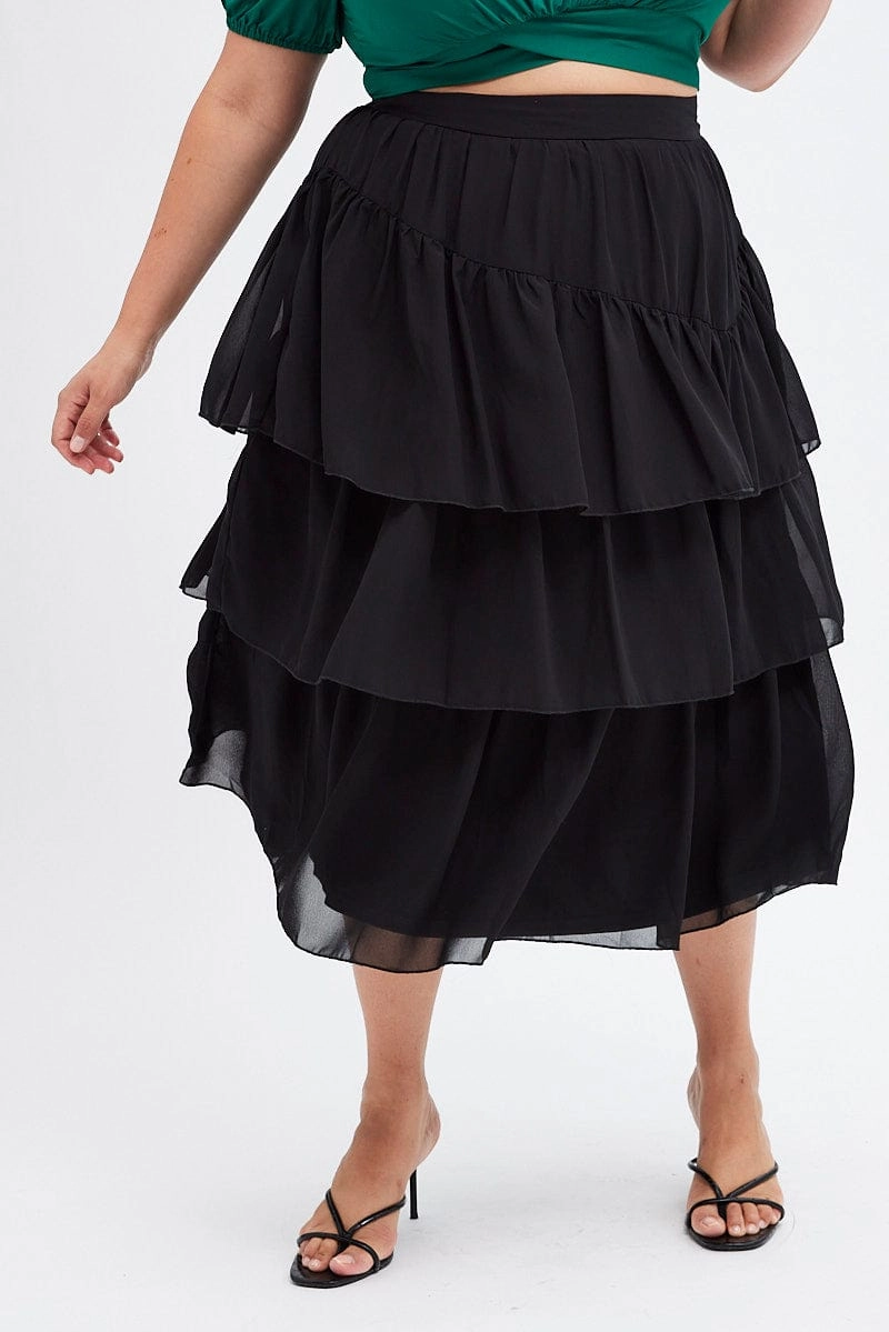 Black Midi Skirt Ruffle Hem Natural Mood Slip Resistant Waist