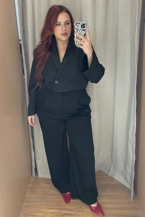 Black High Rise Wide Leg Tailored Pants Stain Release Finish