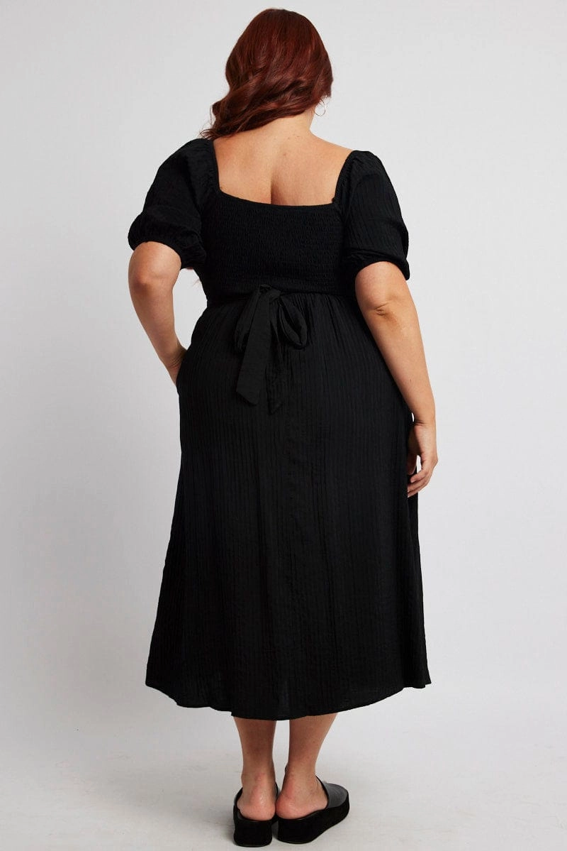Youth Charm Fit Vibe Black Midi Dress Textured Wrapover Elastic Waist Detail