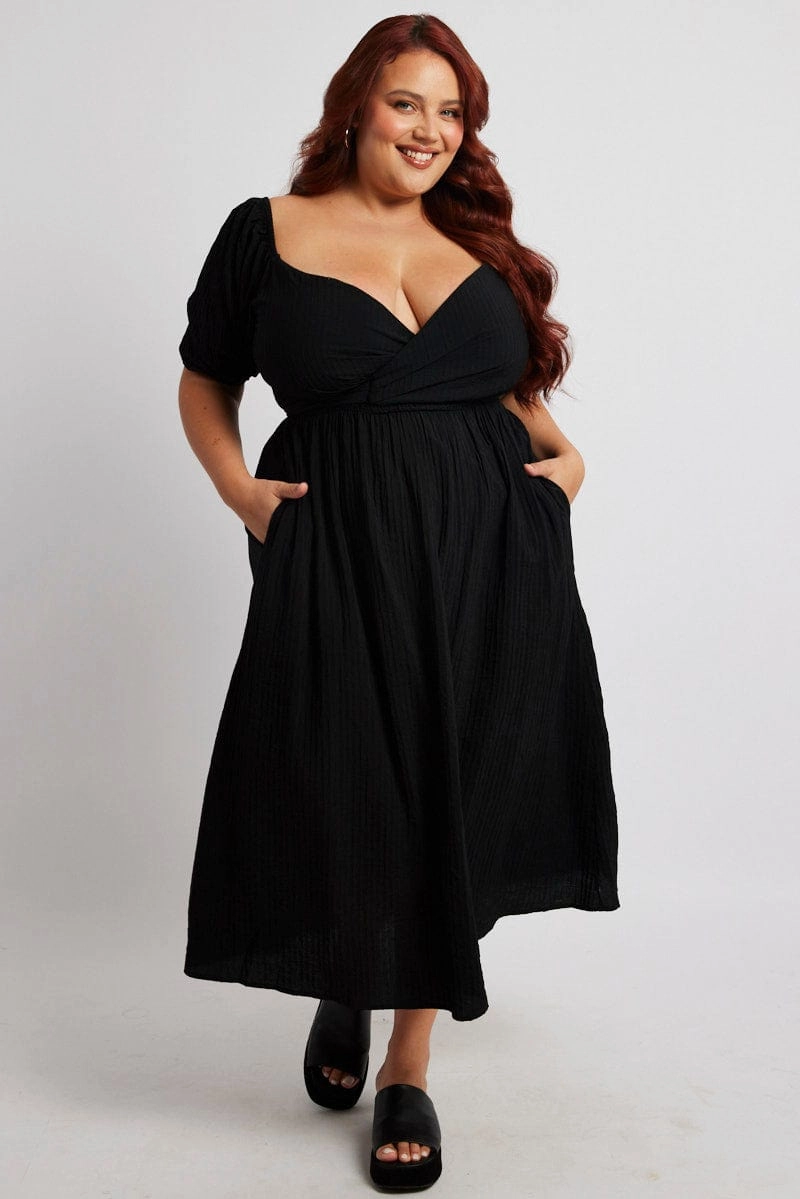 Hook-And-Eye Shared Glow Black Midi Dress Textured Wrapover Elastic Waist Detail