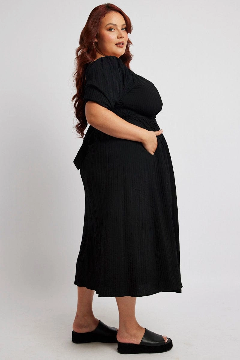 Light Weight Black Midi Dress Textured Wrapover Elastic Waist Detail