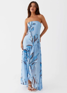 Solaris Strapless Maxi Dress - Blue Floral Gloss Finish Layerable Piece