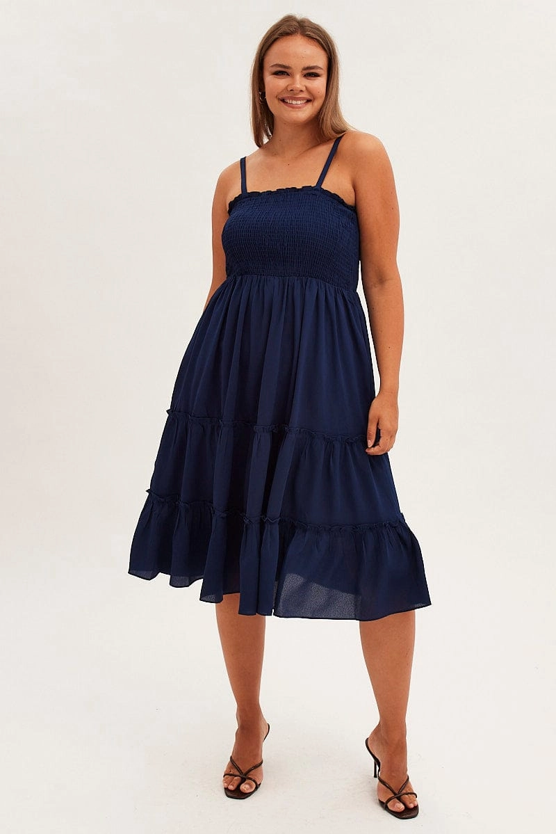 Timeless Energy Grace Color Blue Midi Dress Textured Shirred Bodice Strappy