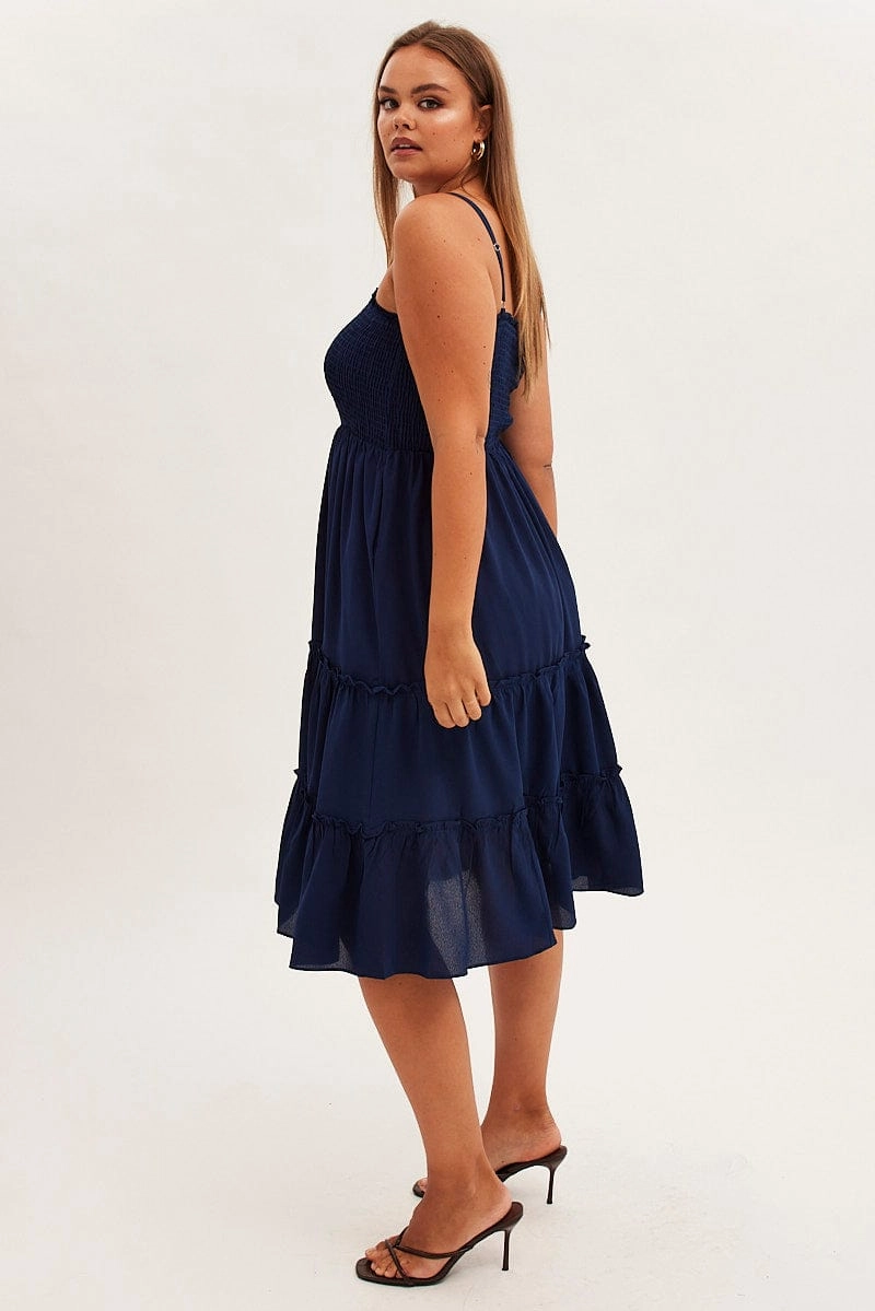 Blue Midi Dress Textured Shirred Bodice Strappy Silk Air