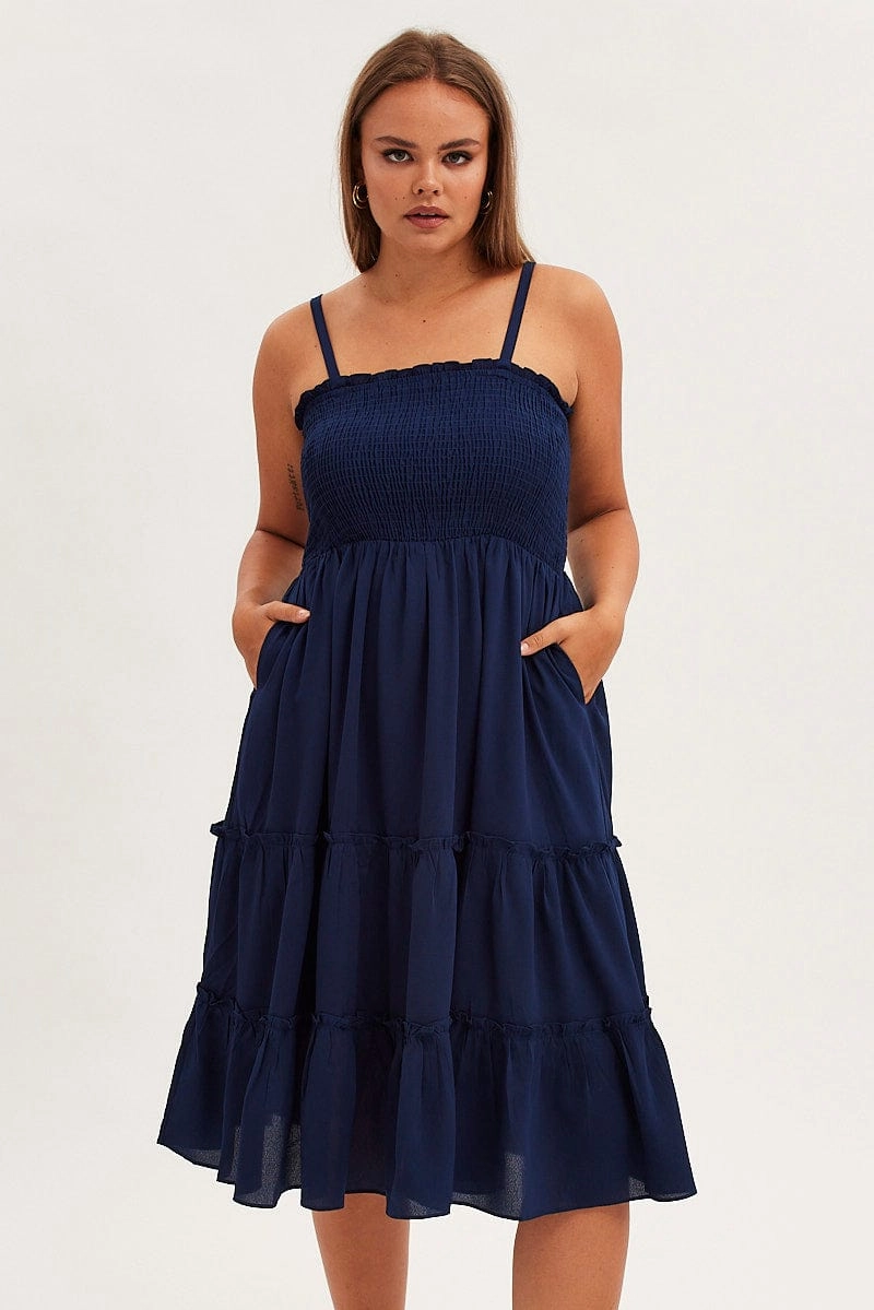 Blue Midi Dress Textured Shirred Bodice Strappy Lounge Comfort Dreamy Texture
