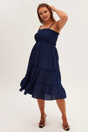 Chic and Cozy Blue Midi Dress Textured Shirred Bodice Strappy