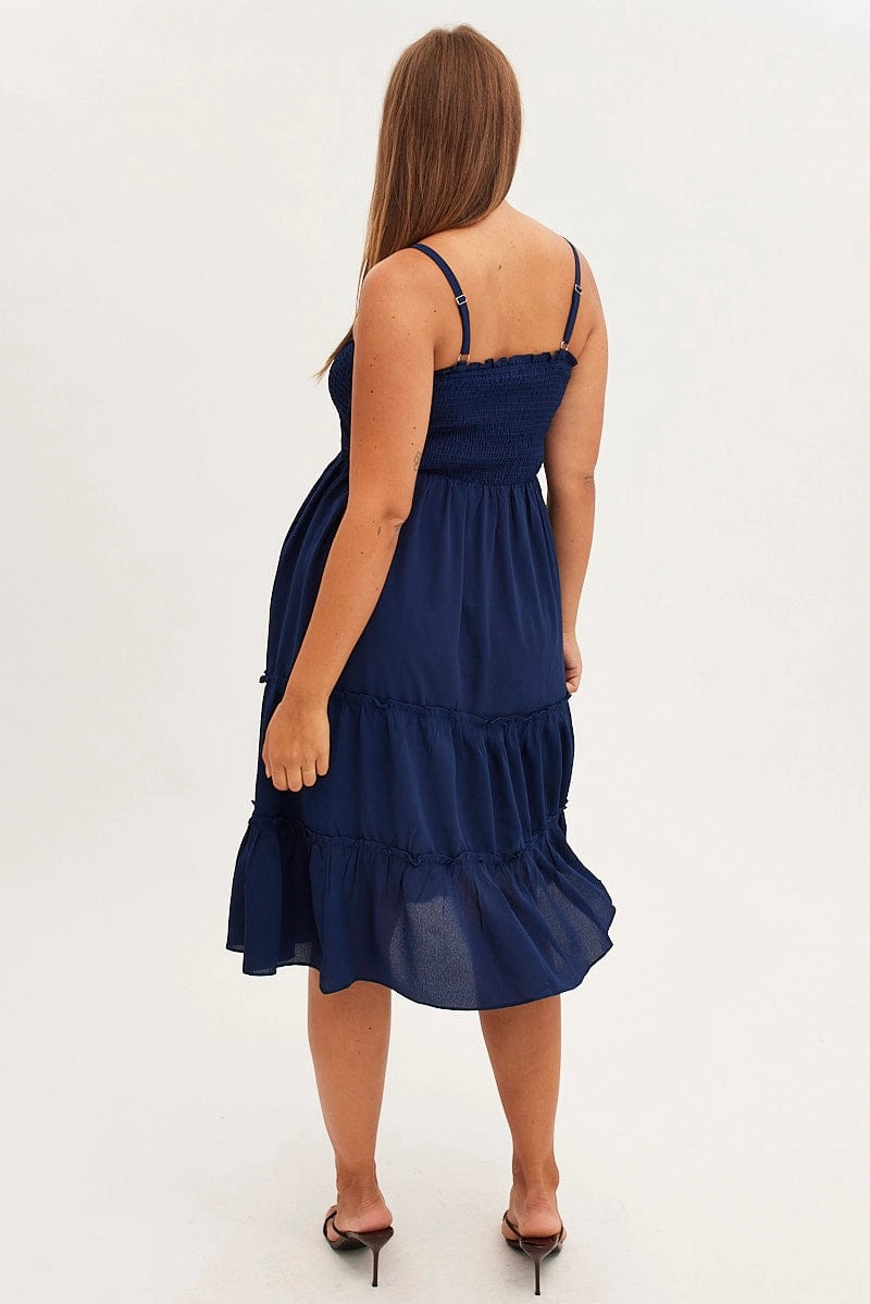 Blue Midi Dress Textured Shirred Bodice Strappy Mid Fit Heart Glow