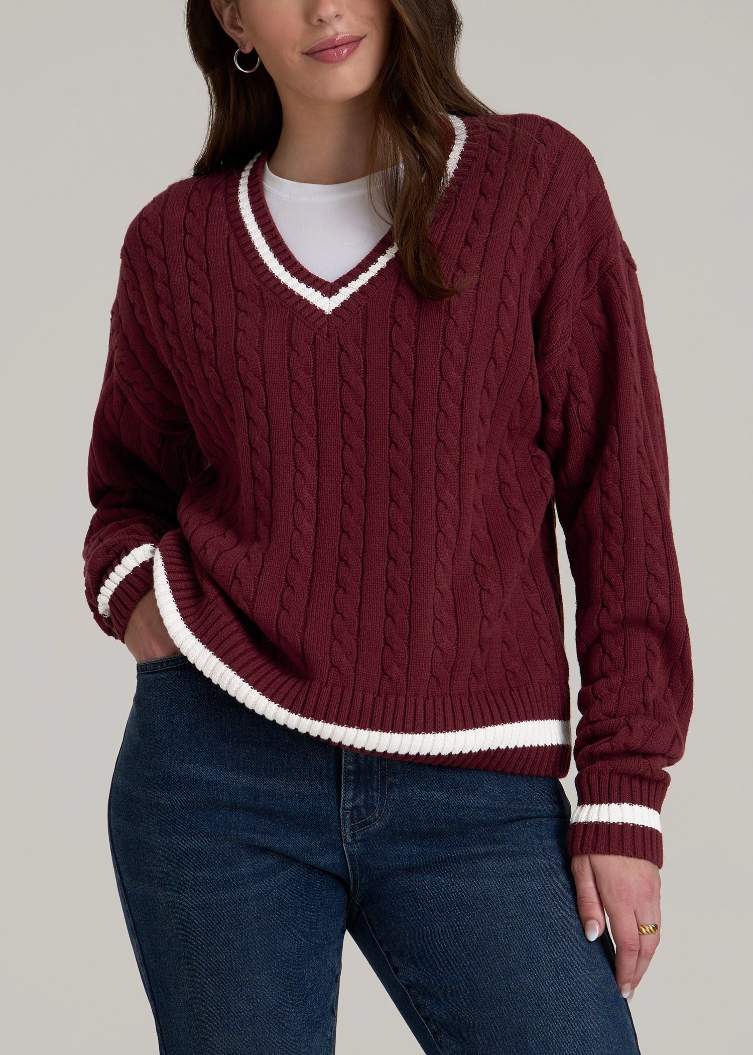 Tall Length Plus Size V-Neck Collegiate Sweater for Tall Women in Red Ochre and Winter White
