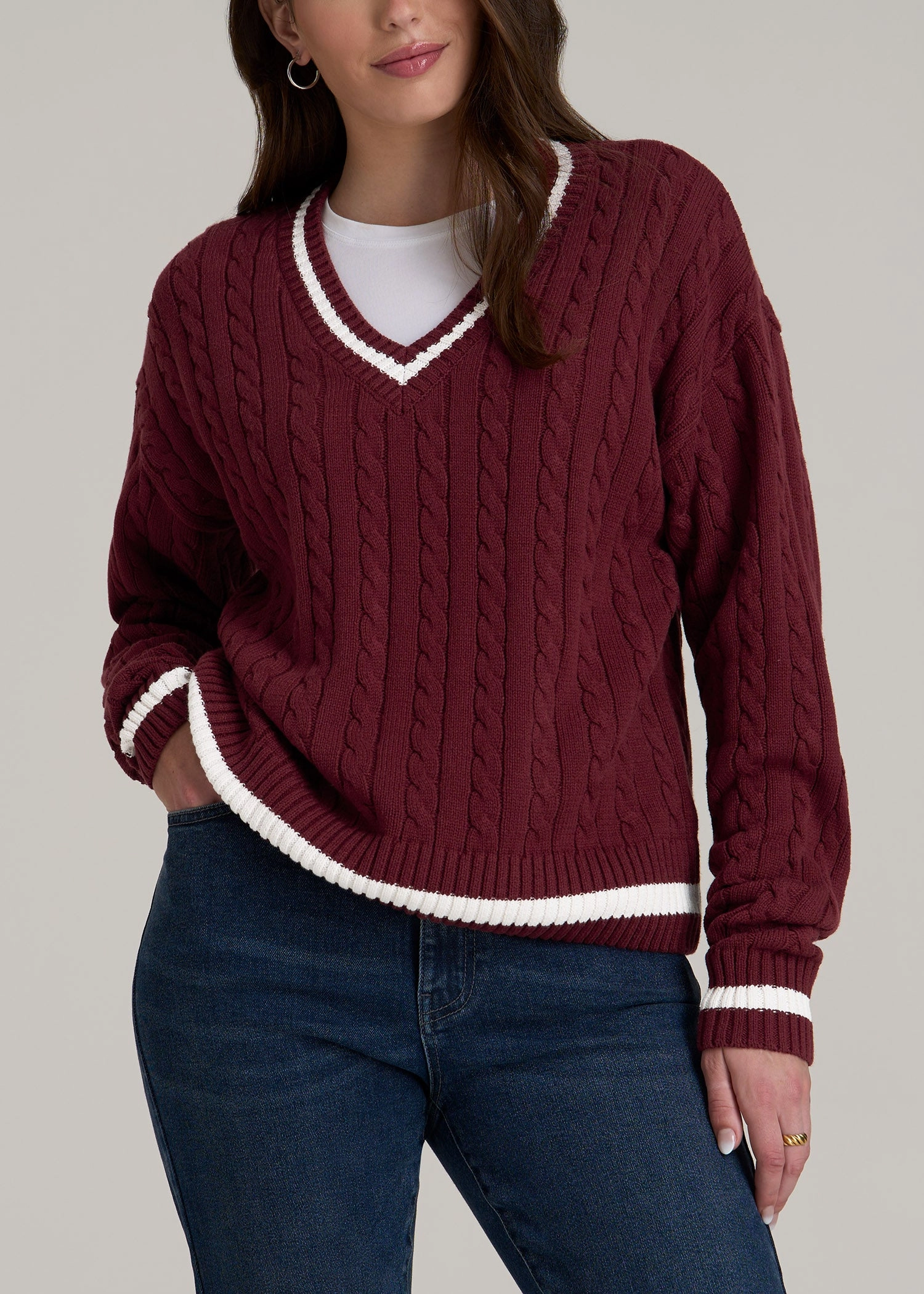 Soft Comfort V-Neck Collegiate Sweater for Tall Women in Red Ochre and Winter White