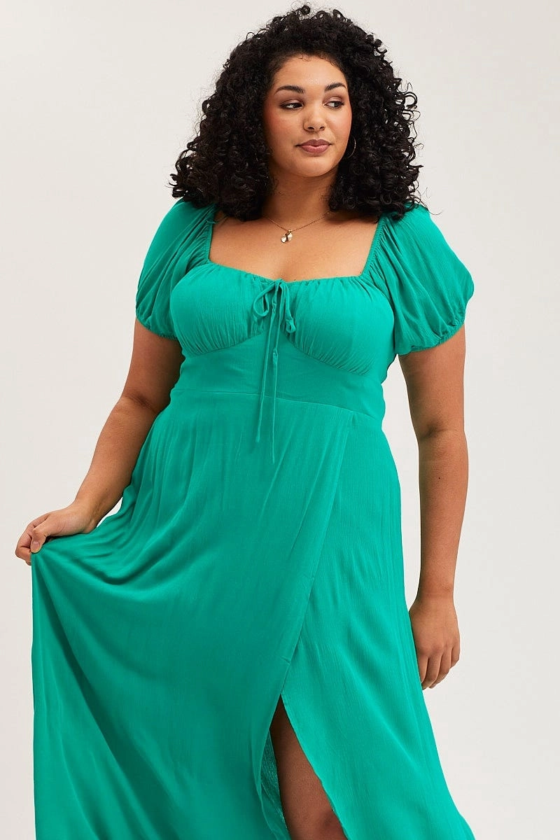 Bright-colored piece Green Maxi Dress Scoop Neck Short Sleeve Front Split